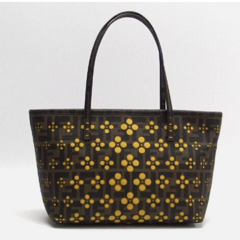 Authentic FENDI Zucca Brown Yellow Flower Pulling Zucca Tote Bag Zip Closure